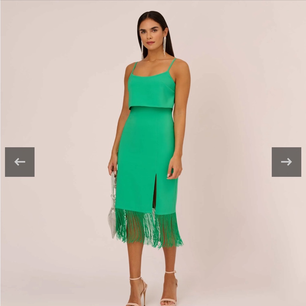 Stretch Crepe Popover Midi Dress With Fringe Hem In Summer Green in size 2
